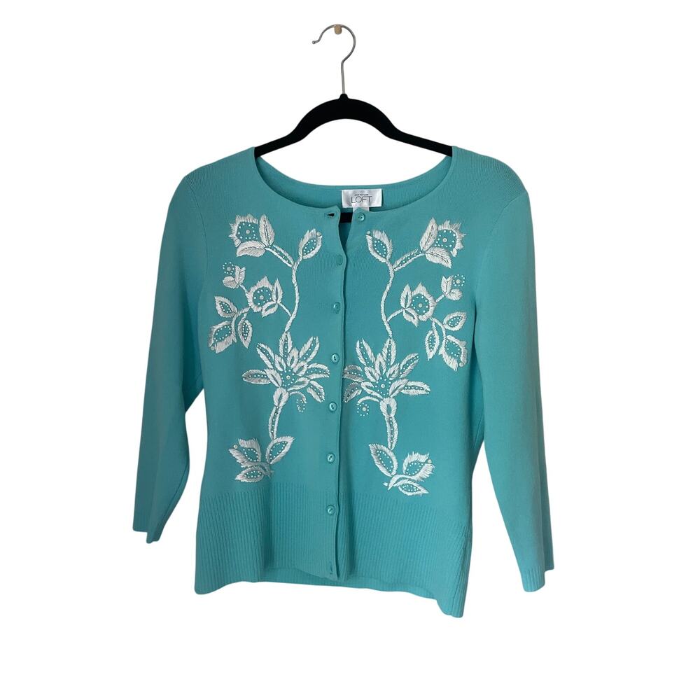 The Loft Embroidered Blue Cardigan Spring Sweater Size Small